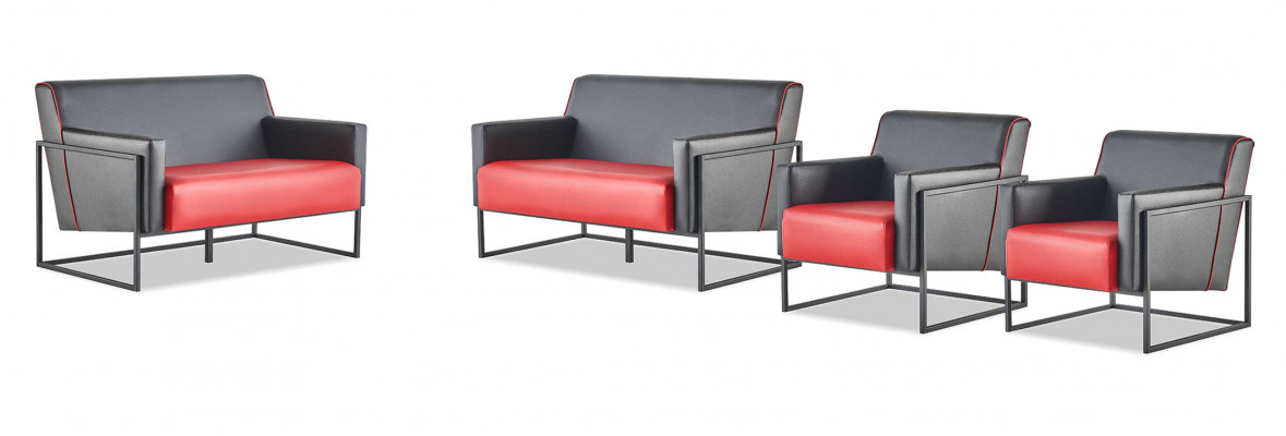 Bankstellen Set Zwart Rood Banken 2-Zits Fauteuil Leunstoel Leer