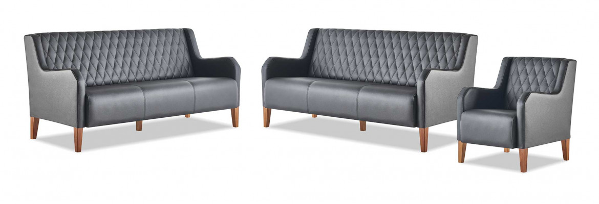 Bankstellen-set 3-zits fauteuil zwart leer modern houten sofa's