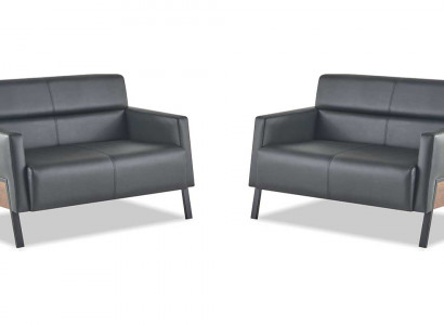 Ledersofa-set 2-zitsbank Zwart Bank Modern Leer Roestvrij staal Hout Zacht