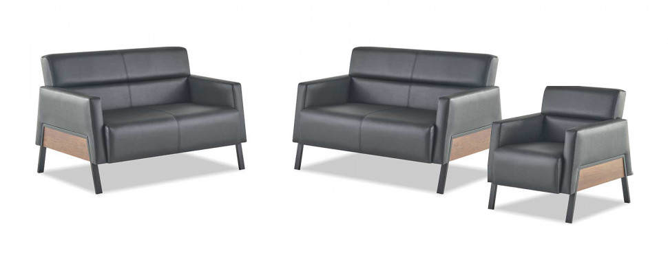 Moderner Set 2-zits fauteuil Zwarte leren banken Bank Leer Zacht Hout