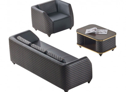 Sofa-set 3-zitsbank fauteuil salontafel zwart bruin leer bekleding hout