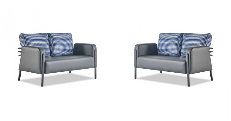 Leren zitbankenset grijs blauw kussens 2-zits banken modern bekleding textiel