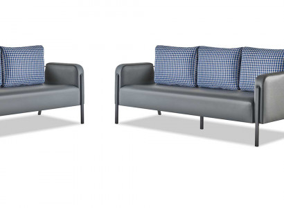 Bankstel Grijs Blauw Lederen Bank 3-Zits Fauteuil Modern 1-Zits Leer Textiel