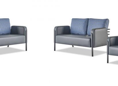 Compleet lederen bankstel 2-zits fauteuil modern grijs blauw leer textiel