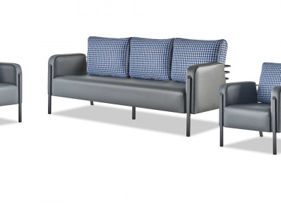 Compleet zitmeubelset 3-zits, 2-zits, fauteuil grijsblauwe leren bekleding.