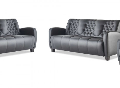 Ledersofa-set 3-zits bank, fauteuil zwart modern bankstel leer hout Chesterfield