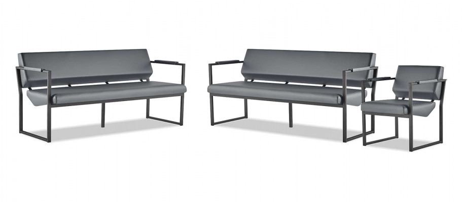 Compleet bureauset, 2-zits sofa's en fauteuils, zwart lederen sofa's, modern leer.