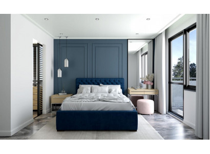 Bed Blauw Modern Design Stof Bekleding Slaapkamer Tweepersoonsbed Hout Elegant Nieuw