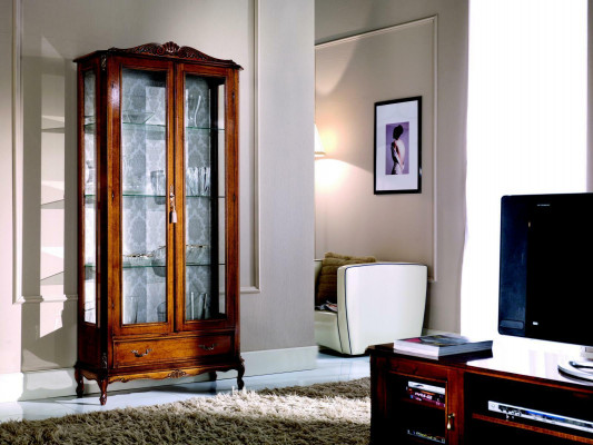 Ontwerper luxe houten vitrine bruin 2 glazen deuren 1 lade Italiaanse meubels.
