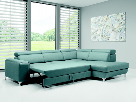 Ontwerperscomfortabele, zachte hoekbank in prachtig blauw voor de woonkamer.