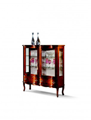 Ontwerper Luxe Houten Vitrinekast Bruin 2 Glazen Deuren 2 Laden Italiaanse Meubelen