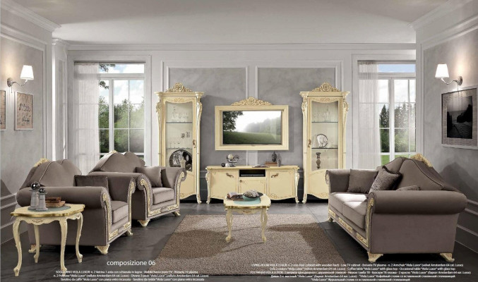 Tv kast Hout rtv woonwand Woonkamer Klassiek design Set 2-delig Beige Nieuw