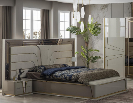 Slaapkamer set met tweepersoonsbed, luxe bed, modern beige, 3-delig, nieuw