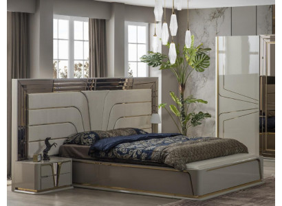 Slaapkamer set met tweepersoonsbed, luxe bed, modern beige, 3-delig, nieuw