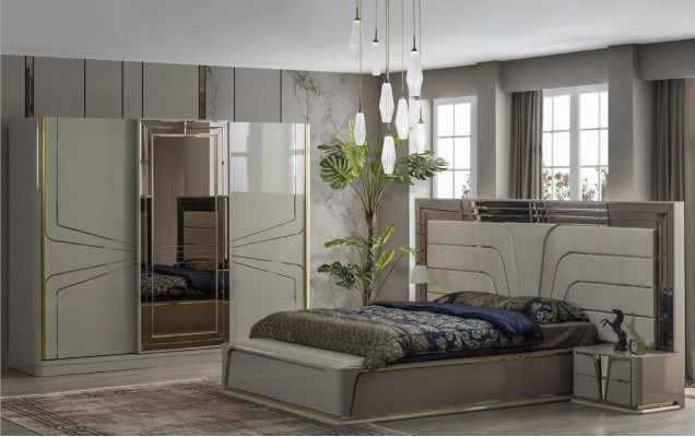 Slaapkamer set met tweepersoonsbed, luxe bed, modern beige, 3-delig, nieuw