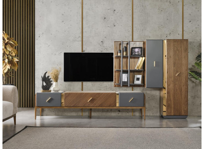 Zet wandmeubel tv-standaard RTV laag tv-meubel dressoir planken hout bruin
