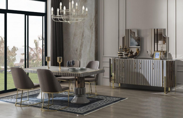 Moderne luxe eetgroep eetkamer eettafel set stoelen eethoek grijs 5-delig