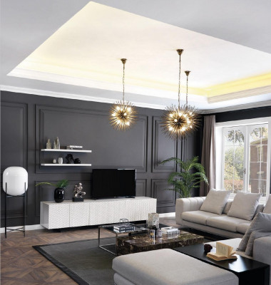 Woonlandschap hoekbank L-vorm tv-standaard 3x salontafel bank stoffen meubels