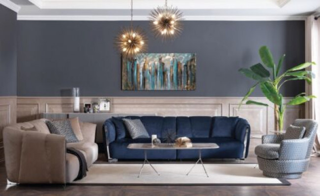 Woonkamerbank Sofa Bank Designer Textiel Zitkussen Ontwerp Blauw  Woonkamerbank Bank Designer Stof Zitkussen Ontwerp Blauw