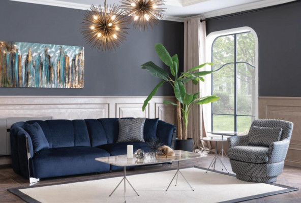Woonkamerbank Sofa Bank Designer Textiel Zitkussen Ontwerp Blauw  Woonkamerbank Bank Designer Stof Zitkussen Ontwerp Blauw