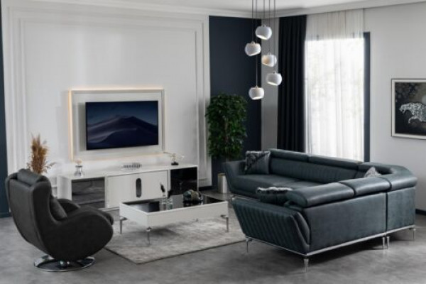 Woonkamerset hoekbank L-vorm tv-standaard tv-wand bankstel design.