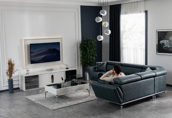 Woonkamerset hoekbank L-vorm tv-standaard tv-wand bankstel design.