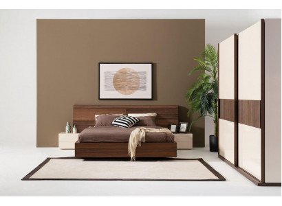 Stijlvol modern bed met twee nachtkastjes van natuurlijk hout
