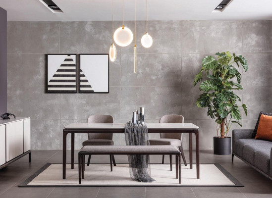 Eetkamer eettafel luxe meubels ontwerp materiaal hout moderne grijs.