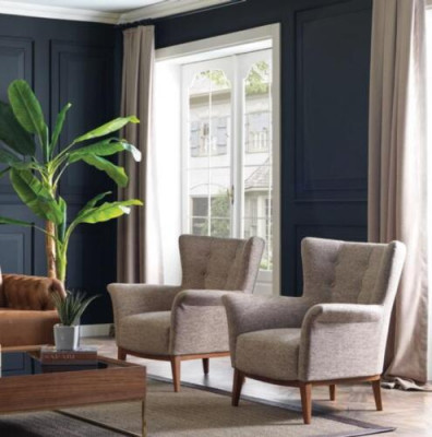 Chesterfield fauteuil bank gestoffeerd luxueus hout met textielstijl moderne lounge