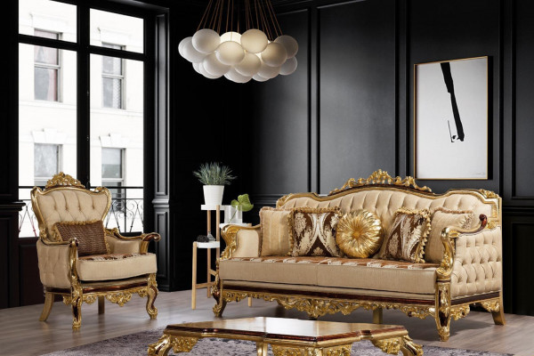 Gouden bankstel in barok en rococo stijl. Compleet 5-delige set bankstel. Nieuw.
