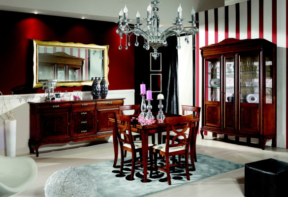 Eettafel 4 stoelen vitrine ladekast spiegel complete eetkamerset 8-delige nieuw