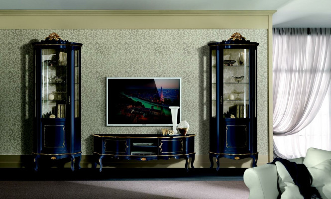 Luxe set van 3-delige garnituur RTV met 2x blauwe vitrine Italiaans luxe meubilair in barokstijl.