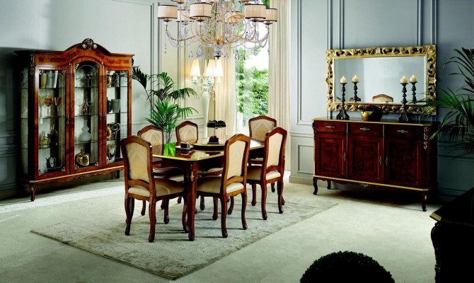 Eettafel 6 stoelen vitrine kast spiegel Compleet eetkamerset 10-delig