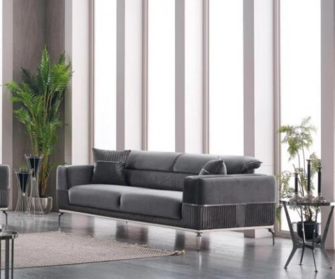 Grijze bank 3-zits driezitsbank luxe bank grijze meubels gestoffeerd textiel fluweel