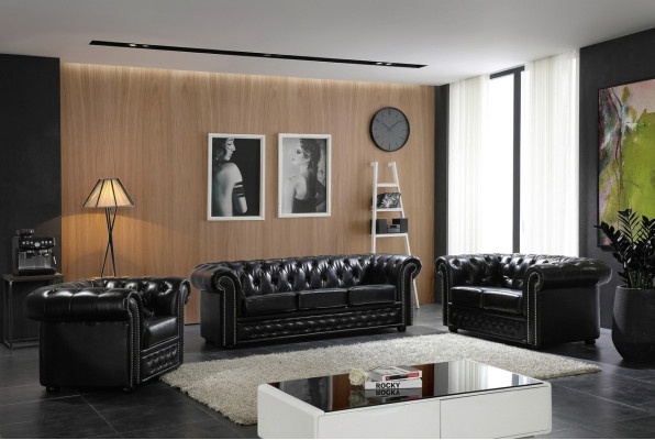 Chesterfield leren bank bank bank stof stoel set gestoffeerd garnituur 3+2 zitter
