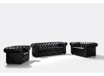 Chesterfield leren bank bank bank stof stoel set gestoffeerd garnituur 3+2 zitter
