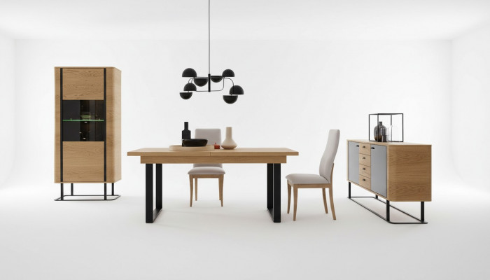 Hoogwaardige woonkamerset: vitrine + eettafel + dressoirkommode