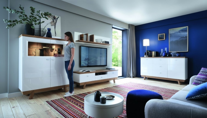 Woonkamer set met wandmeubel, sideboard, vitrine en rek in hotel design meubels nieuw.