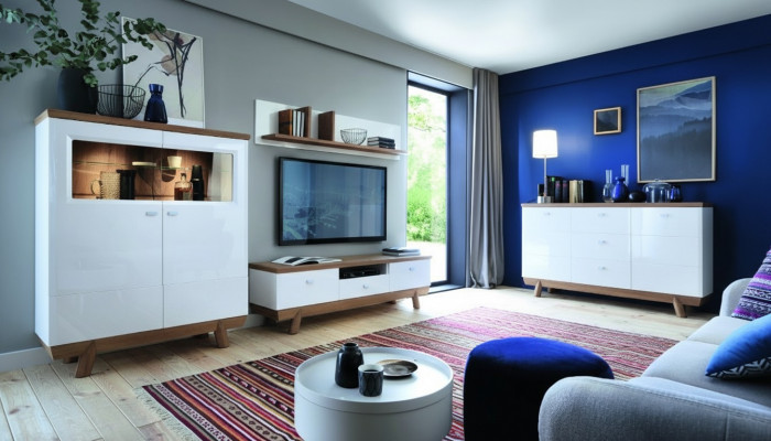 Woonkamer set met wandmeubel, sideboard, vitrine en rek in hotel design meubels nieuw.