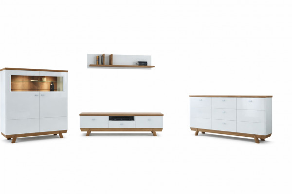 Woonkamer set met wandmeubel, sideboard, vitrine en rek in hotel design meubels nieuw.