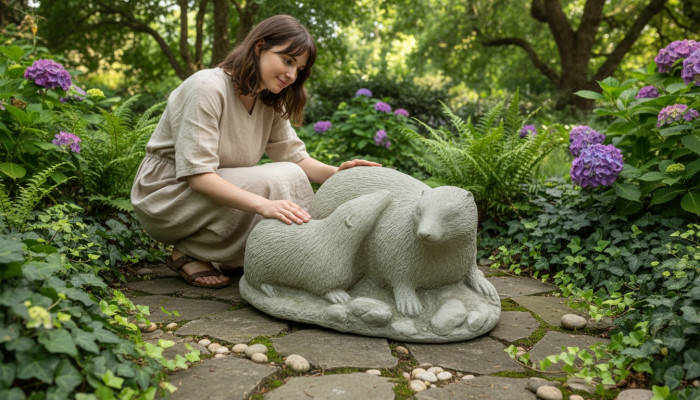 Tuindecoratie Fretten Terras Steenfiguren Figuur Wit Natuur Standbeeld