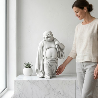 Blije Boeddha-beeldfiguur voor in de tuin, beeldjes, standbeelden, sculptuur, sculpturen