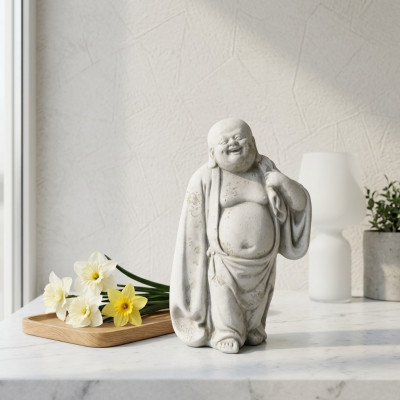 Blije Boeddha-beeldfiguur voor in de tuin, beeldjes, standbeelden, sculptuur, sculpturen