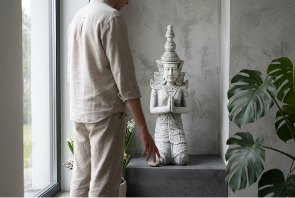 Boeddha sculptuur in steenlook. Groot figuurbeeld voor tuindecoratie.