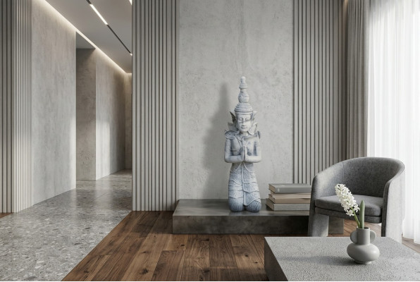 Boeddha sculptuur in steenlook. Groot figuurbeeld voor tuindecoratie.