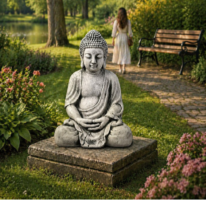 Beeld Boeddha Sculptuur in steenlook. Grote decoratieve sculptuur voor de tuin.