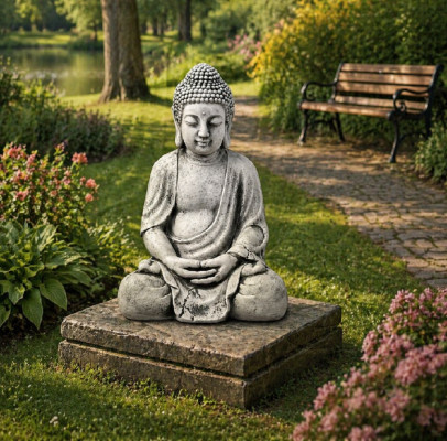Beeld Boeddha Sculptuur in steenlook. Grote decoratieve sculptuur voor de tuin.