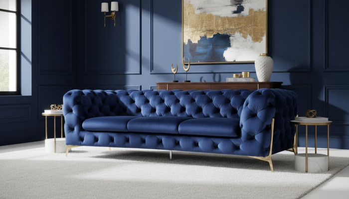 Chesterfield 3-zits bank gestoffeerde driezitter design banken textiel stof Italië.