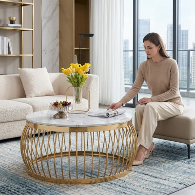 Ronde designstenen bank van runderen Roestvrijstalen bank tafel Woonontwerp Rond