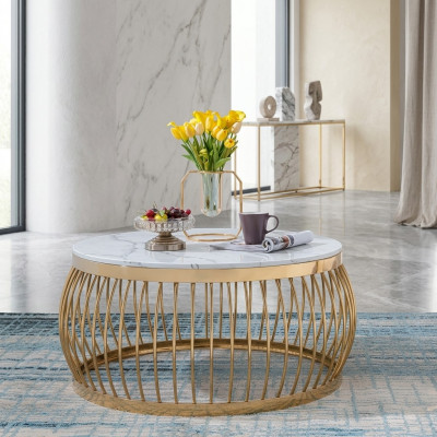 Ronde designstenen bank van runderen Roestvrijstalen bank tafel Woonontwerp Rond